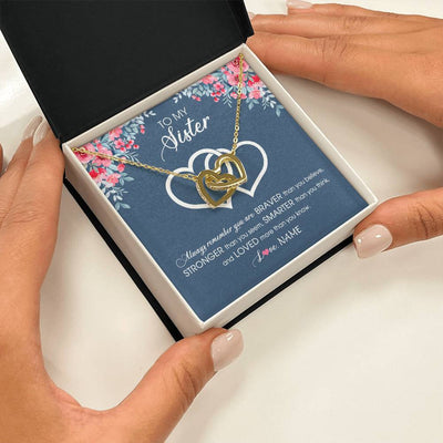 Interlocking Hearts Necklace 18K Yellow Gold Finish | 2 | Personalized To My Sister Necklace From Sister Brother Braver Stronger Smarter Loved Sister Pendant Jewelry Birthday Christmas Customized Message Card | teecentury