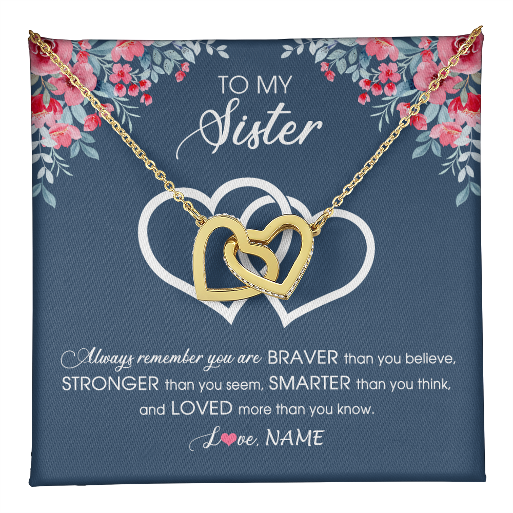 Interlocking Hearts Necklace 18K Yellow Gold Finish | 1 | Personalized To My Sister Necklace From Sister Brother Braver Stronger Smarter Loved Sister Pendant Jewelry Birthday Christmas Customized Message Card | teecentury