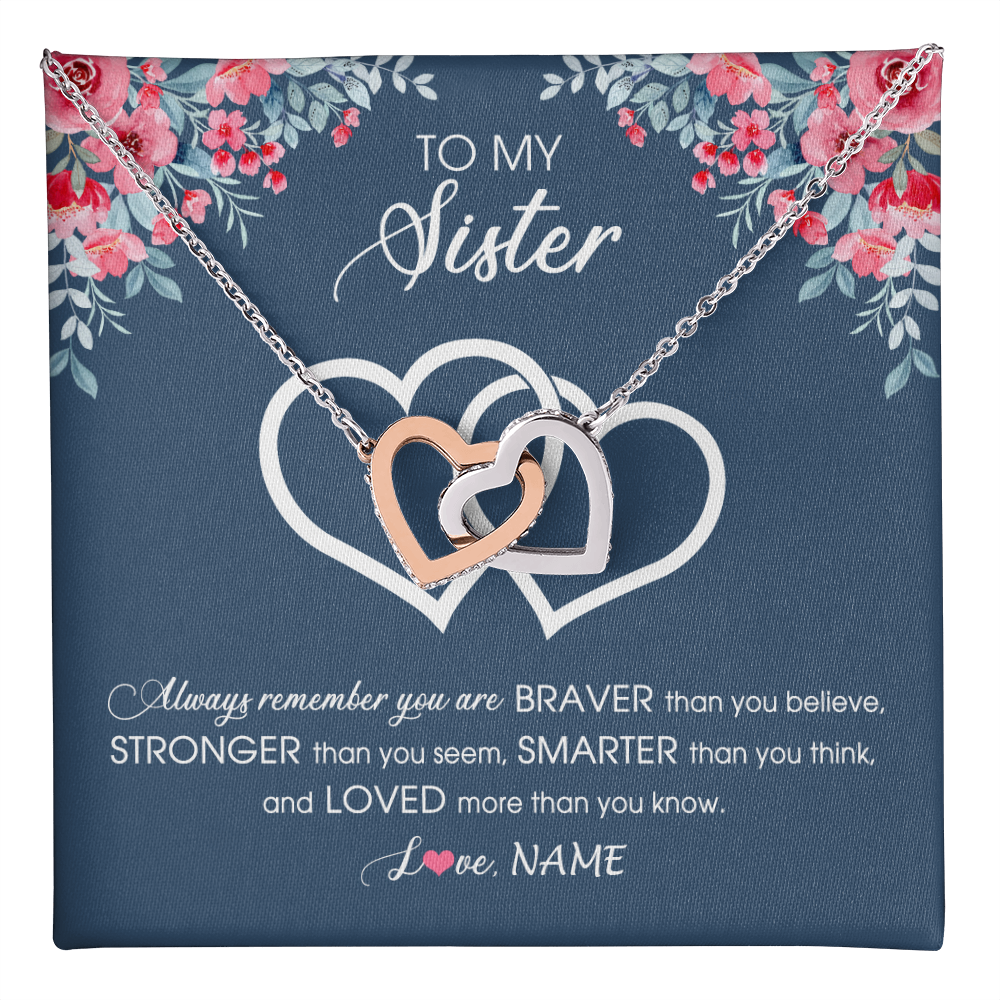 Interlocking Hearts Necklace Stainless Steel & Rose Gold Finish | 1 | Personalized To My Sister Necklace From Sister Brother Braver Stronger Smarter Loved Sister Pendant Jewelry Birthday Christmas Customized Message Card | teecentury