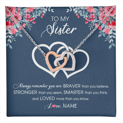 Interlocking Hearts Necklace Stainless Steel & Rose Gold Finish | 1 | Personalized To My Sister Necklace From Sister Brother Braver Stronger Smarter Loved Sister Pendant Jewelry Birthday Christmas Customized Message Card | teecentury