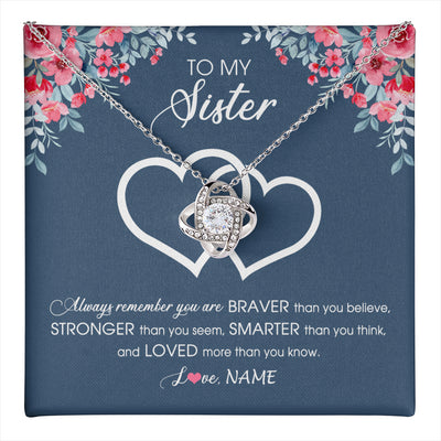 Love Knot Necklace 14K White Gold Finish | 1 | Personalized To My Sister Necklace From Sister Brother Braver Stronger Smarter Loved Sister Pendant Jewelry Birthday Christmas Customized Message Card | teecentury