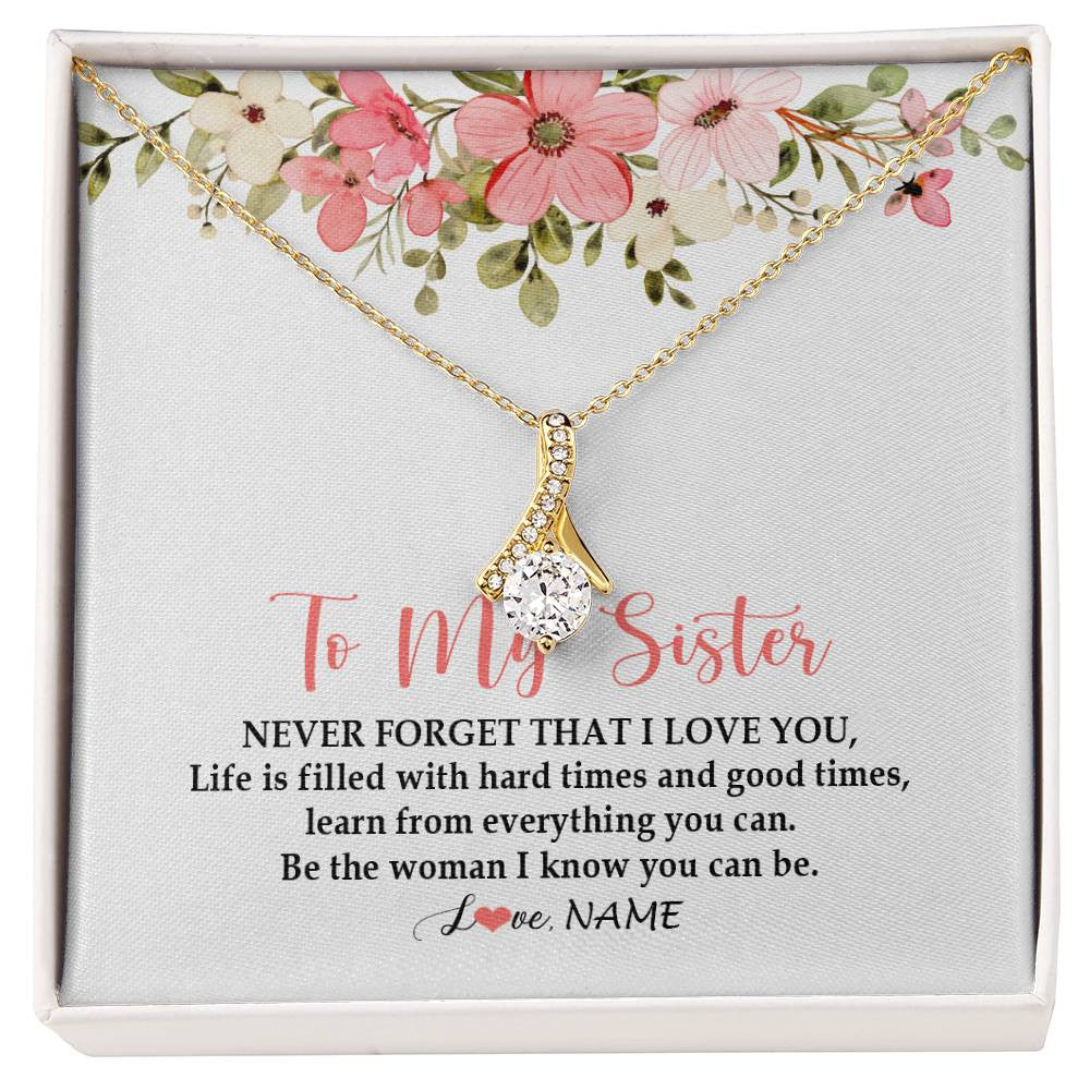 Alluring Beauty Necklace 18K Yellow Gold Finish | Personalized To My Sister Necklace From Sister Brother Never Forget That I Love You Sister Pendant Jewelry Birthday Christmas Customized Gift Box Message Card | teecentury