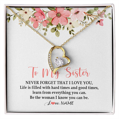 Forever Love Necklace 18K Yellow Gold Finish | Personalized To My Sister Necklace From Sister Brother Never Forget That I Love You Sister Pendant Jewelry Birthday Christmas Customized Gift Box Message Card | teecentury
