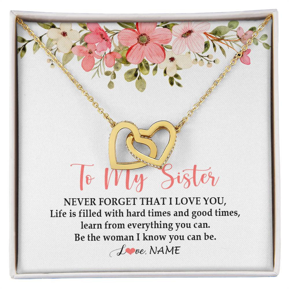 Interlocking Hearts Necklace 18K Yellow Gold Finish | Personalized To My Sister Necklace From Sister Brother Never Forget That I Love You Sister Pendant Jewelry Birthday Christmas Customized Gift Box Message Card | teecentury