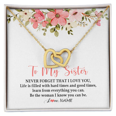 Interlocking Hearts Necklace 18K Yellow Gold Finish | Personalized To My Sister Necklace From Sister Brother Never Forget That I Love You Sister Pendant Jewelry Birthday Christmas Customized Gift Box Message Card | teecentury