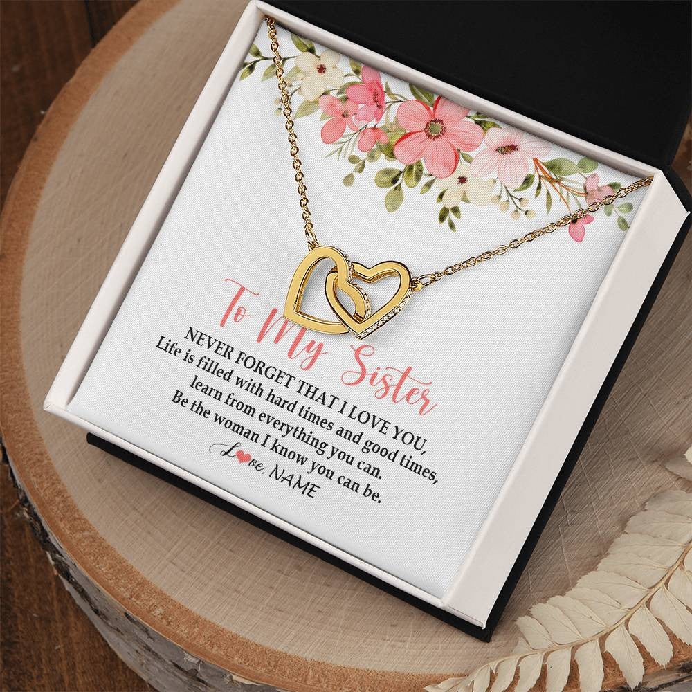 Interlocking Hearts Necklace 18K Yellow Gold Finish | Personalized To My Sister Necklace From Sister Brother Never Forget That I Love You Sister Pendant Jewelry Birthday Christmas Customized Gift Box Message Card | teecentury