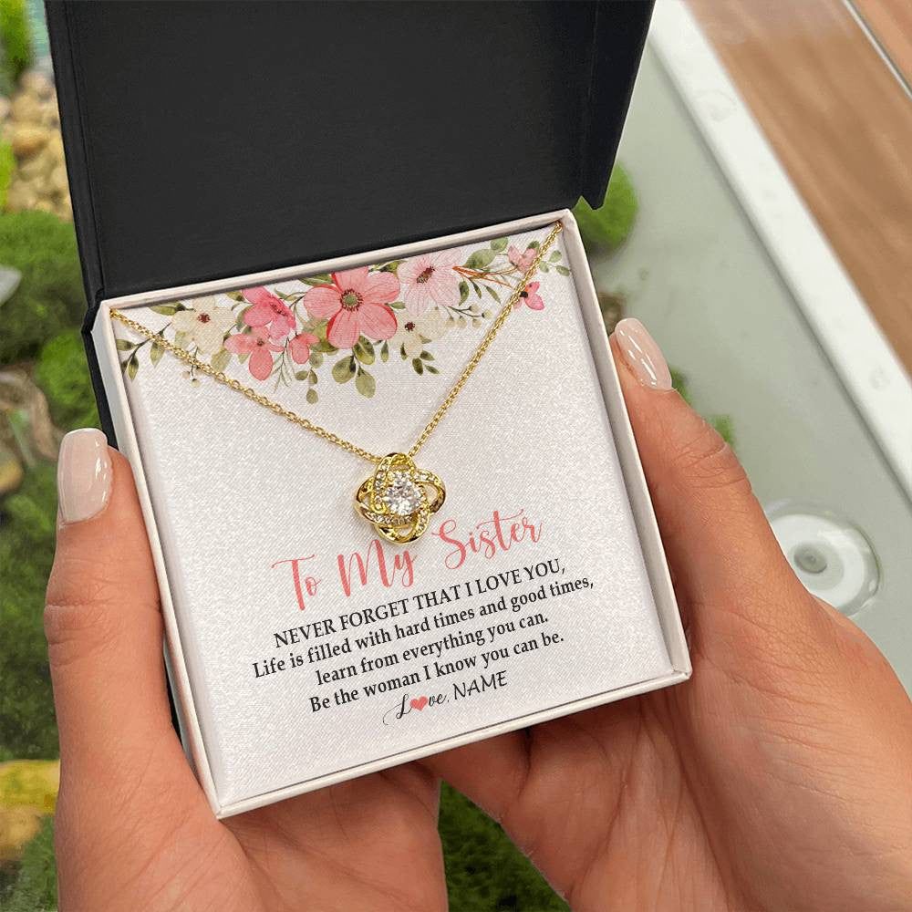Love Knot Necklace 18K Yellow Gold Finish | Personalized To My Sister Necklace From Sister Brother Never Forget That I Love You Sister Pendant Jewelry Birthday Christmas Customized Gift Box Message Card | teecentury