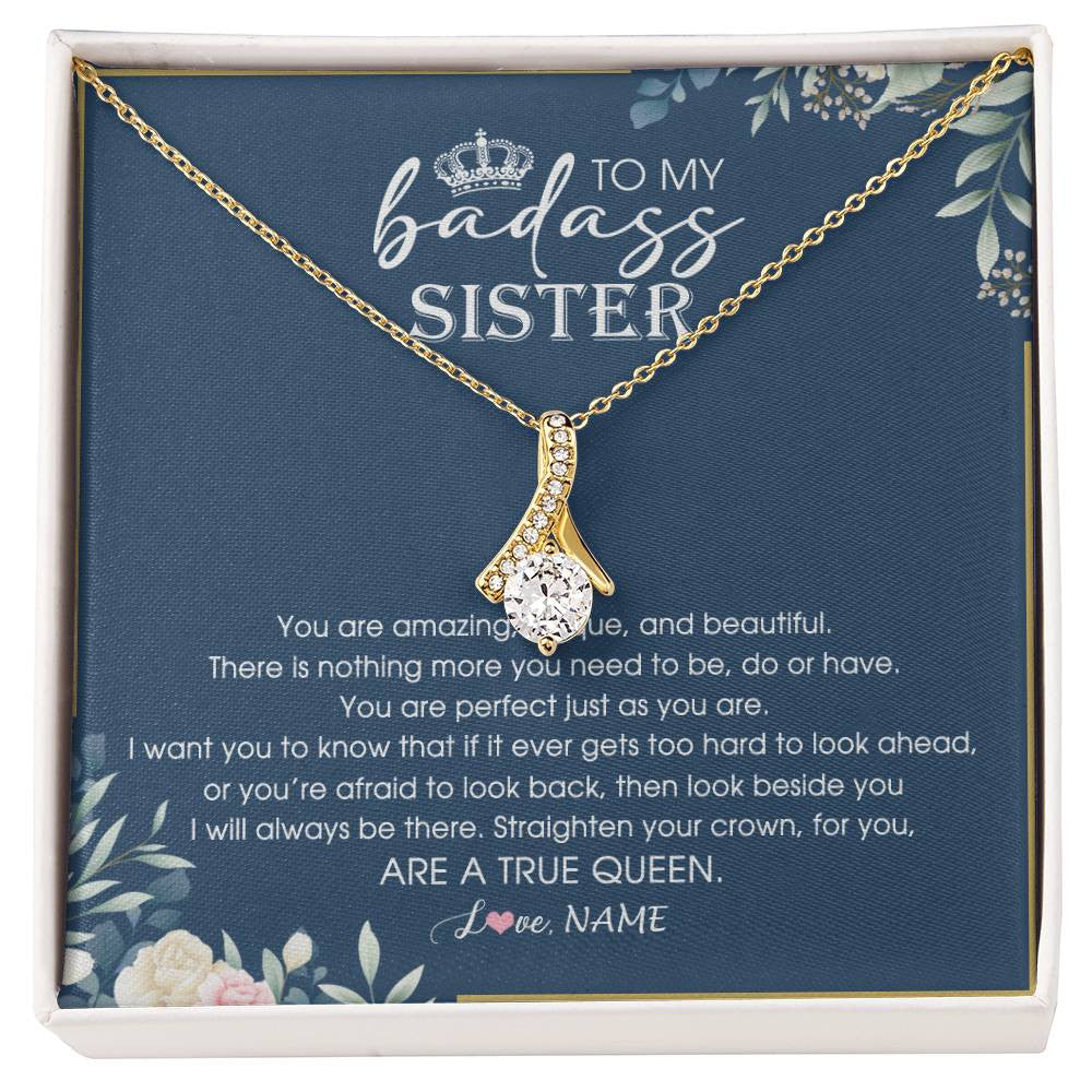 Alluring Beauty Necklace 18K Yellow Gold Finish | Personalized To My Sister Necklace From Sister Brother Straighten Your Crown Queen Sister Pendant Jewelry Birthday Christmas Customized Gift Box Message Card | teecentury