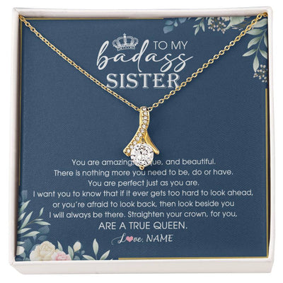 Alluring Beauty Necklace 18K Yellow Gold Finish | Personalized To My Sister Necklace From Sister Brother Straighten Your Crown Queen Sister Pendant Jewelry Birthday Christmas Customized Gift Box Message Card | teecentury