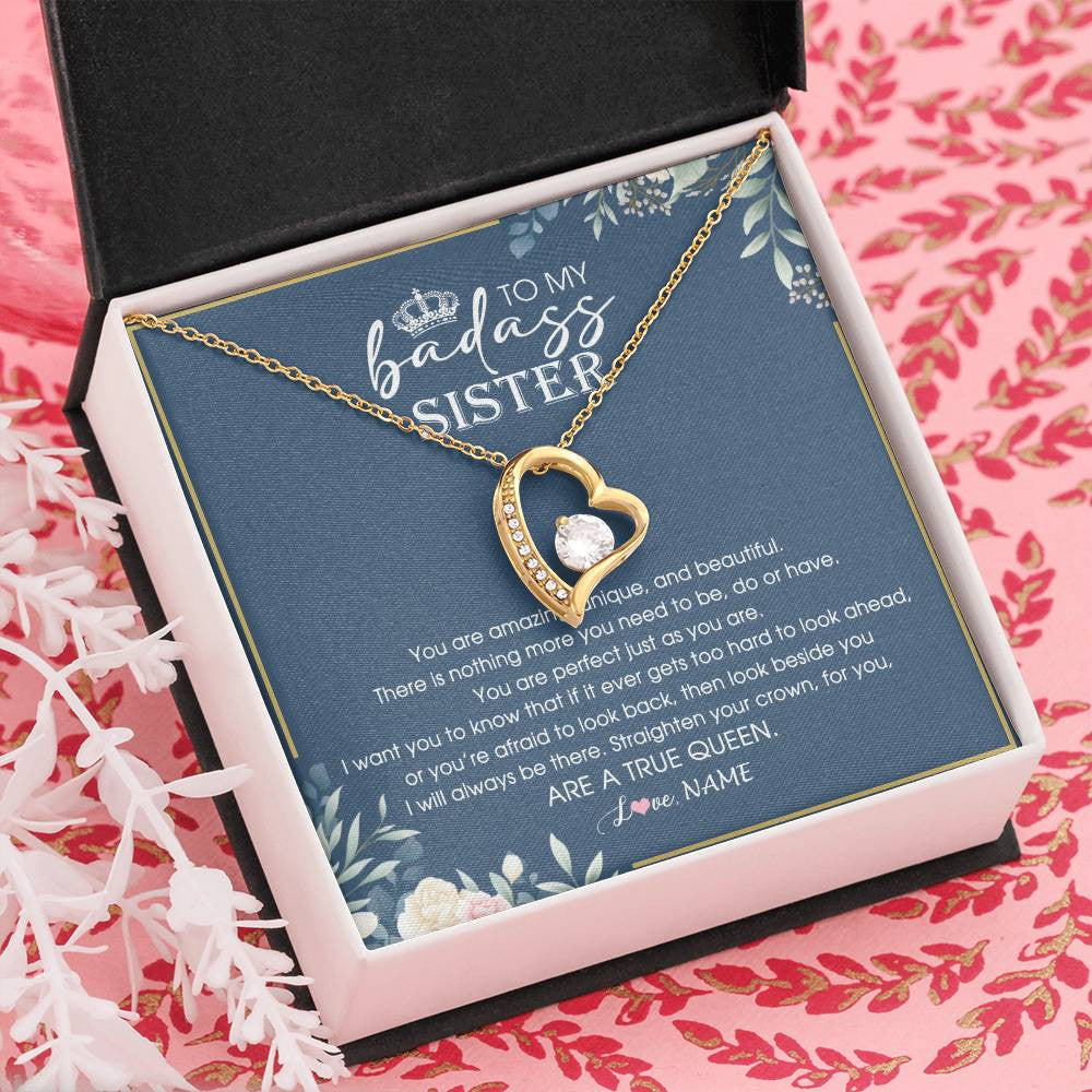 Forever Love Necklace 18K Yellow Gold Finish | Personalized To My Sister Necklace From Sister Brother Straighten Your Crown Queen Sister Pendant Jewelry Birthday Christmas Customized Gift Box Message Card | teecentury