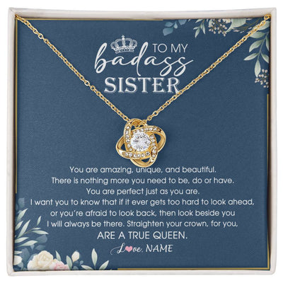 Love Knot Necklace 18K Yellow Gold Finish | Personalized To My Sister Necklace From Sister Brother Straighten Your Crown Queen Sister Pendant Jewelry Birthday Christmas Customized Gift Box Message Card | teecentury