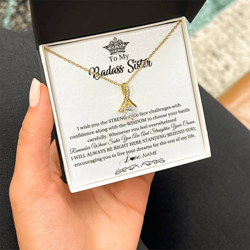 Alluring Beauty Necklace 18K Yellow Gold Finish | Personalized To My Sister Necklace From Sister Brother Straighten Your Crown Sister Pendant Jewelry Birthday Christmas Customized Gift Box Message Card | teecentury
