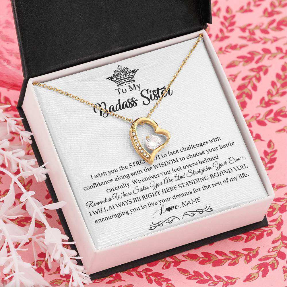 Forever Love Necklace 18K Yellow Gold Finish | Personalized To My Sister Necklace From Sister Brother Straighten Your Crown Sister Pendant Jewelry Birthday Christmas Customized Gift Box Message Card | teecentury