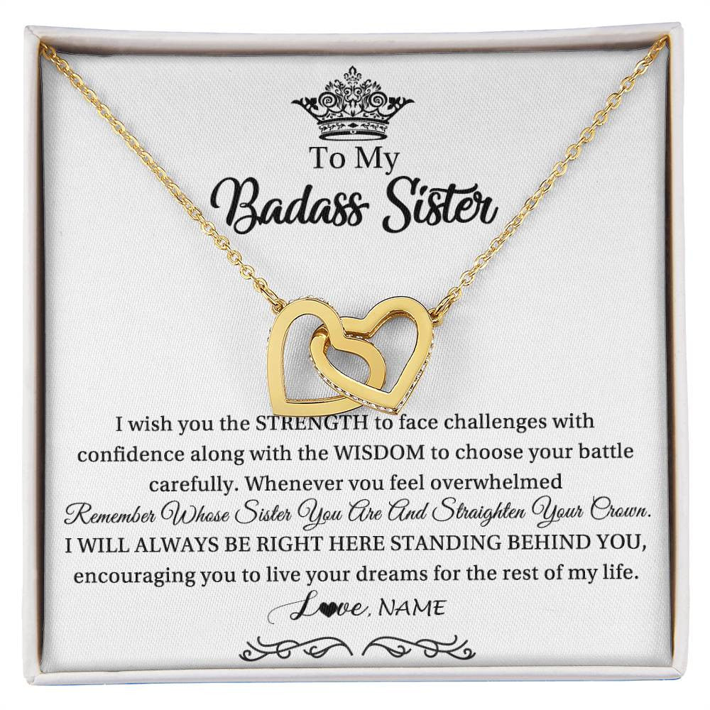 Interlocking Hearts Necklace 18K Yellow Gold Finish | Personalized To My Sister Necklace From Sister Brother Straighten Your Crown Sister Pendant Jewelry Birthday Christmas Customized Gift Box Message Card | teecentury