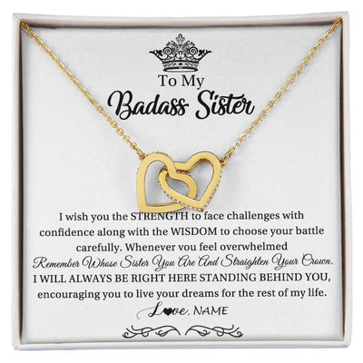 Interlocking Hearts Necklace 18K Yellow Gold Finish | Personalized To My Sister Necklace From Sister Brother Straighten Your Crown Sister Pendant Jewelry Birthday Christmas Customized Gift Box Message Card | teecentury