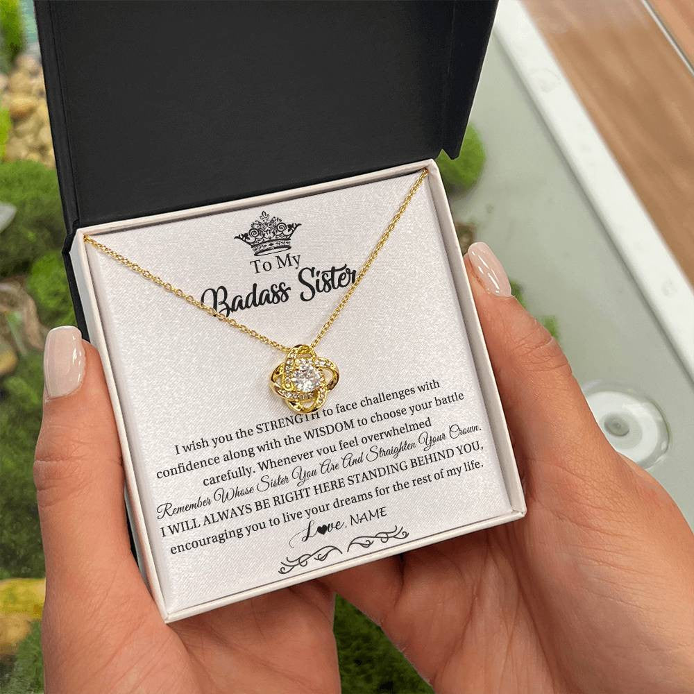 Love Knot Necklace 18K Yellow Gold Finish | Personalized To My Sister Necklace From Sister Brother Straighten Your Crown Sister Pendant Jewelry Birthday Christmas Customized Gift Box Message Card | teecentury