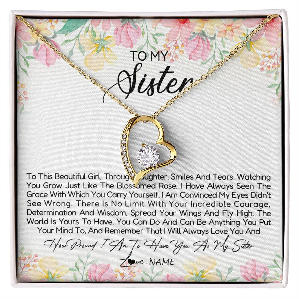 Forever Love Necklace 18K Yellow Gold Finish | Personalized To My Sister Necklace From Sister Brother To This Beautiful Girl Sister Pendant Jewelry Birthday Christmas Customized Gift Box Message Card | teecentury