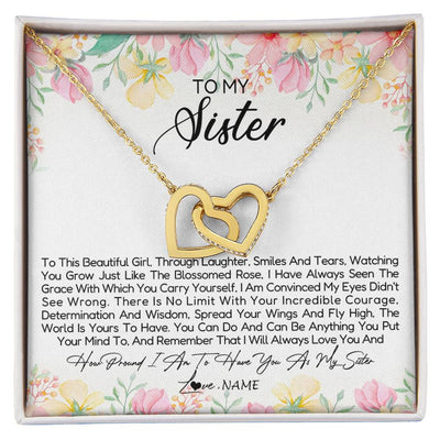 Interlocking Hearts Necklace 18K Yellow Gold Finish | Personalized To My Sister Necklace From Sister Brother To This Beautiful Girl Sister Pendant Jewelry Birthday Christmas Customized Gift Box Message Card | teecentury