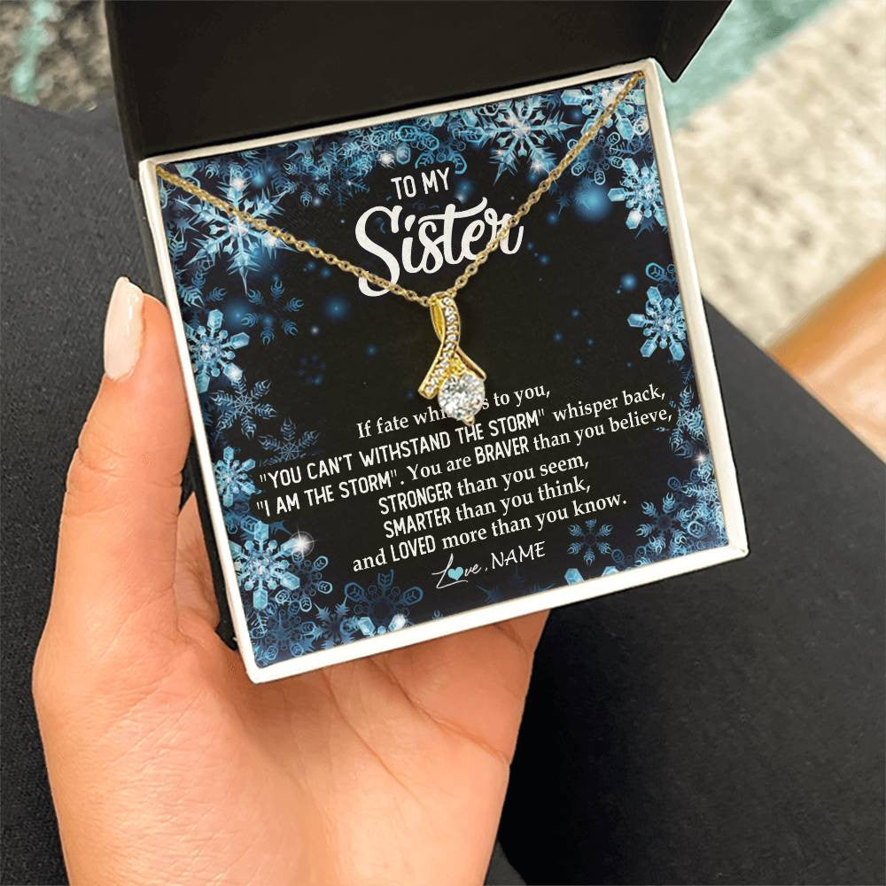 Alluring Beauty Necklace 18K Yellow Gold Finish | Personalized To My Sister Necklace From Sister Brother Whisper Back I Am The Storm Sister Pendant Jewelry Birthday Graduation Christmas Customized Message Card | teecentury