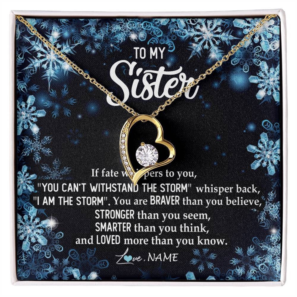 Forever Love Necklace 18K Yellow Gold Finish | Personalized To My Sister Necklace From Sister Brother Whisper Back I Am The Storm Sister Pendant Jewelry Birthday Graduation Christmas Customized Message Card | teecentury