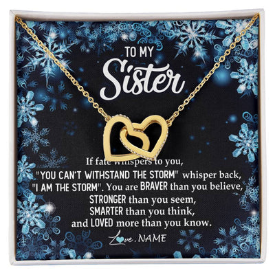 Interlocking Hearts Necklace 18K Yellow Gold Finish | Personalized To My Sister Necklace From Sister Brother Whisper Back I Am The Storm Sister Pendant Jewelry Birthday Graduation Christmas Customized Message Card | teecentury