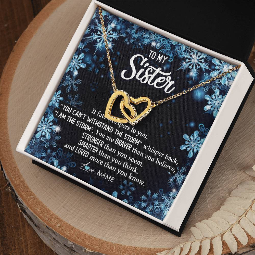 Interlocking Hearts Necklace 18K Yellow Gold Finish | Personalized To My Sister Necklace From Sister Brother Whisper Back I Am The Storm Sister Pendant Jewelry Birthday Graduation Christmas Customized Message Card | teecentury