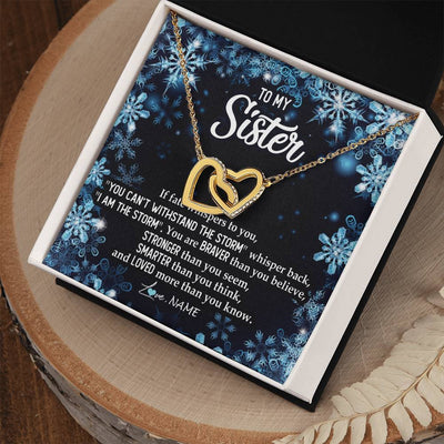 Interlocking Hearts Necklace 18K Yellow Gold Finish | Personalized To My Sister Necklace From Sister Brother Whisper Back I Am The Storm Sister Pendant Jewelry Birthday Graduation Christmas Customized Message Card | teecentury