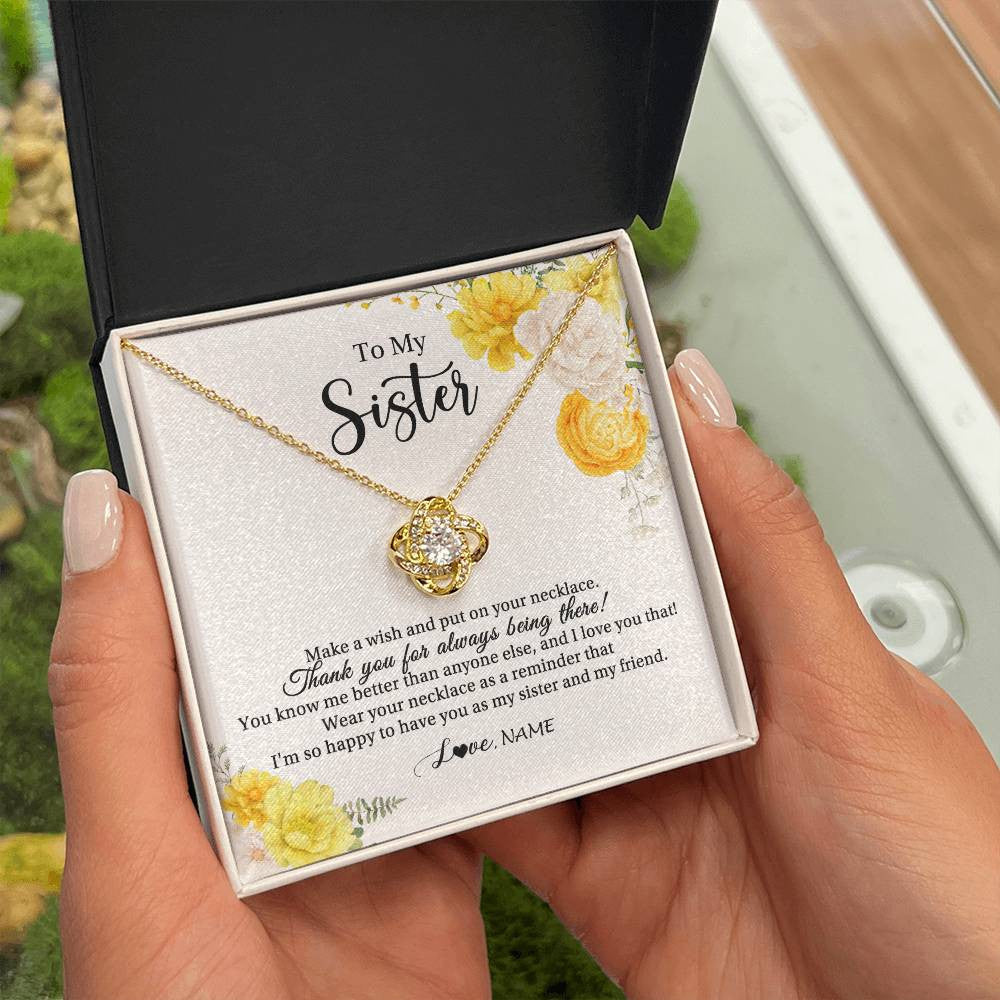Love Knot Necklace 18K Yellow Gold Finish | Personalized To My Sister Necklace From Sister My Friend Unbiological Sister Soul Sister Birthday Christmas Graduation Jewelry Customized Gift Box Message Card | teecentury