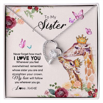 Forever Love Necklace 14K White Gold Finish | Personalized To My Sister Necklace Giraffe Never Forget How Much I Love You Sister Jewelry Birthday Graduation Christmas Customized Gift Box Message Card | teecentury