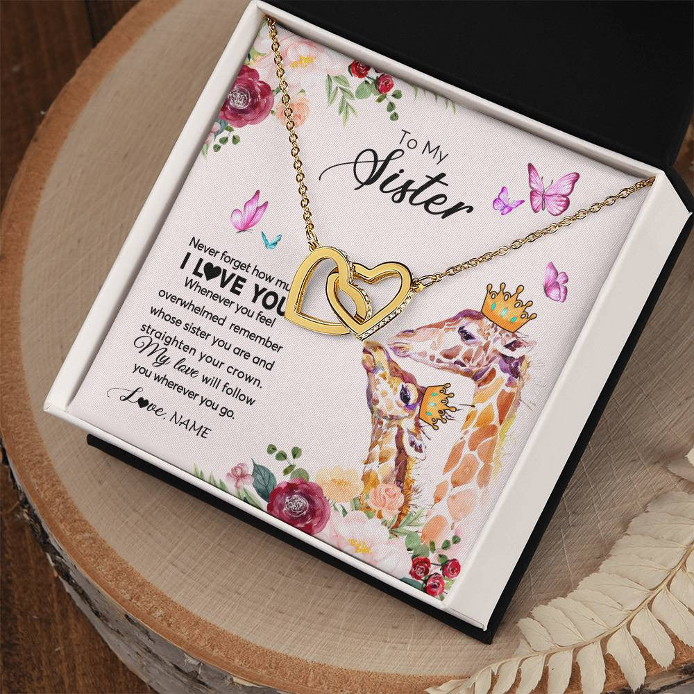 Interlocking Hearts Necklace 18K Yellow Gold Finish | Personalized To My Sister Necklace Giraffe Never Forget How Much I Love You Sister Jewelry Birthday Graduation Christmas Customized Gift Box Message Card | teecentury