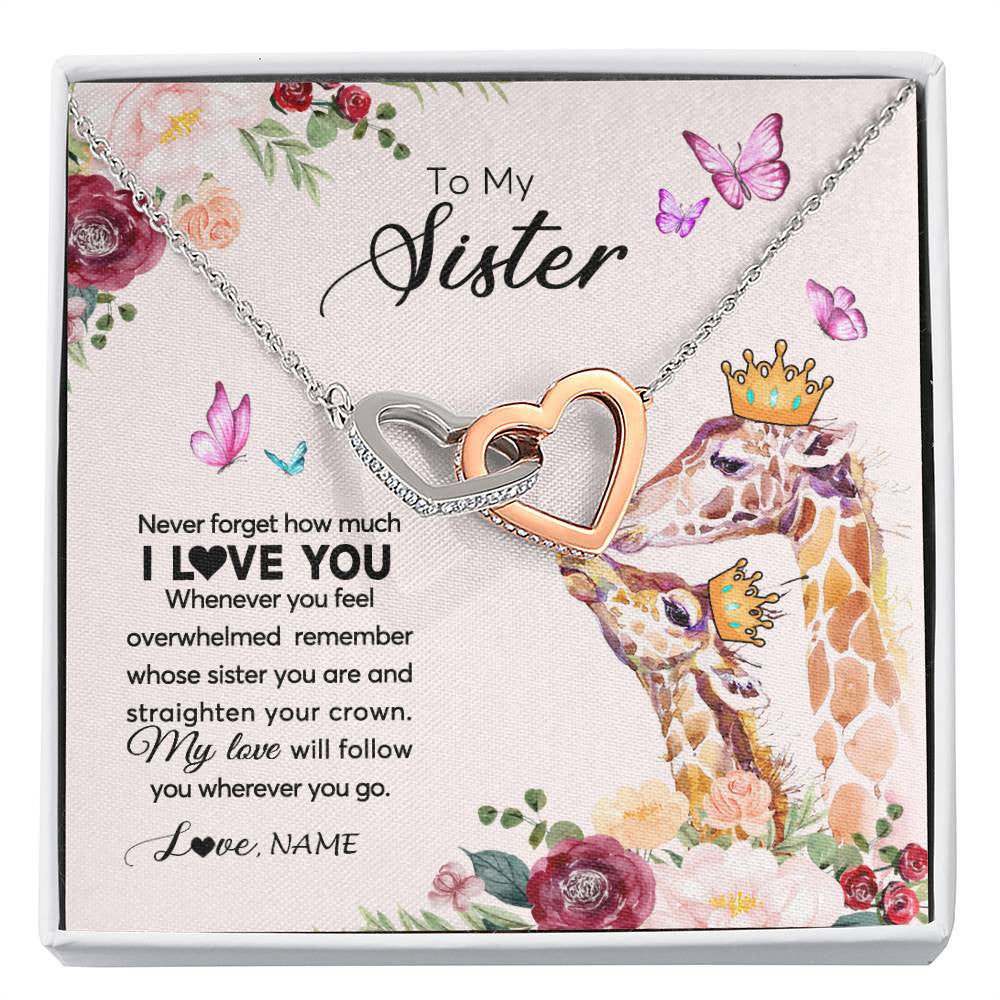 Interlocking Hearts Necklace Stainless Steel & Rose Gold Finish | Personalized To My Sister Necklace Giraffe Never Forget How Much I Love You Sister Jewelry Birthday Graduation Christmas Customized Gift Box Message Card | teecentury