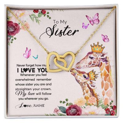 Interlocking Hearts Necklace 18K Yellow Gold Finish | Personalized To My Sister Necklace Giraffe Never Forget How Much I Love You Sister Jewelry Birthday Graduation Christmas Customized Gift Box Message Card | teecentury