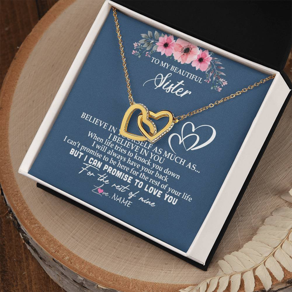 Interlocking Hearts Necklace 18K Yellow Gold Finish | Personalized To My Sister Necklace from Brother Sister Believe In Yourself Sister Birthday Graduation Christmas Customized Message Card | teecentury