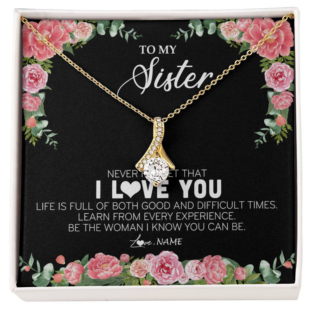 Alluring Beauty Necklace 18K Yellow Gold Finish | Personalized To My Sister Necklace from Brother Sister Never Forget I Love You Floral Jewelry for Sister Birthday Graduation Christmas Customized Message Card | teecentury