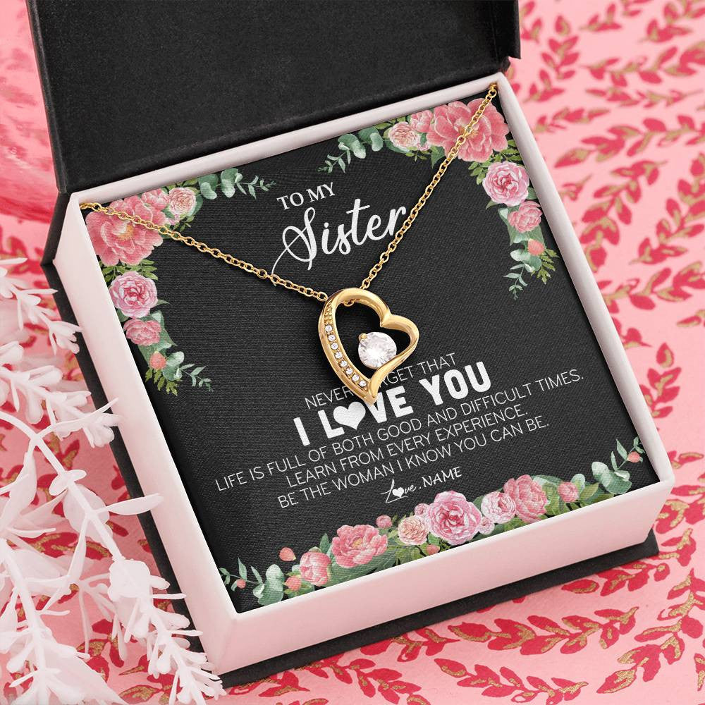 Forever Love Necklace 18K Yellow Gold Finish | Personalized To My Sister Necklace from Brother Sister Never Forget I Love You Floral Jewelry for Sister Birthday Graduation Christmas Customized Message Card | teecentury