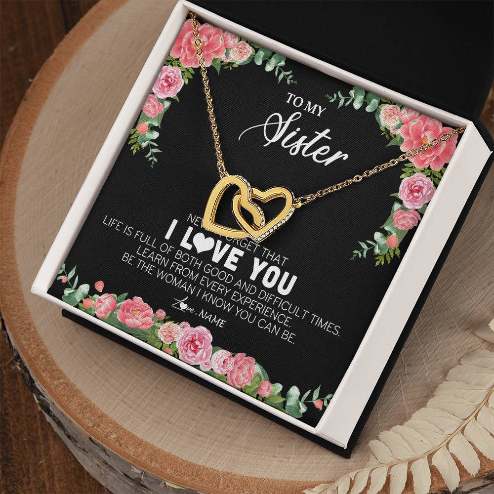 Interlocking Hearts Necklace 18K Yellow Gold Finish | Personalized To My Sister Necklace from Brother Sister Never Forget I Love You Floral Jewelry for Sister Birthday Graduation Christmas Customized Message Card | teecentury