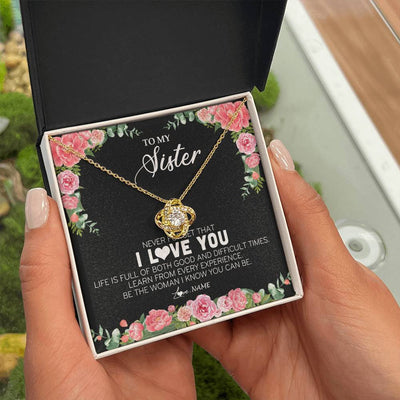 Love Knot Necklace 18K Yellow Gold Finish | Personalized To My Sister Necklace from Brother Sister Never Forget I Love You Floral Jewelry for Sister Birthday Graduation Christmas Customized Message Card | teecentury
