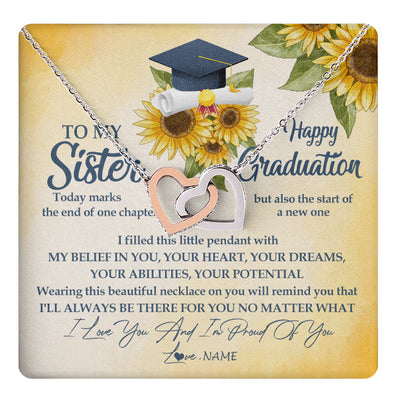 Interlocking Hearts Necklace Stainless Steel & Rose Gold Finish | 1 | Personalized To My Sister On Her Graduation Day Necklace Flower I Love You I'm Proud Of You Class of 2024 Sister Jewelry Customized Gift Box Message Card | teecentury