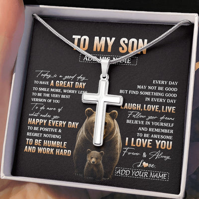 Stainless Cross Necklace Stainless Steel | 2 | Personalized To My Son Bear Necklace From Mom Dad Mother Every Day Laugh Love Live Son Birthday Gifts Graduation Christmas Custom Gift Box Message Card | https://teecentury.