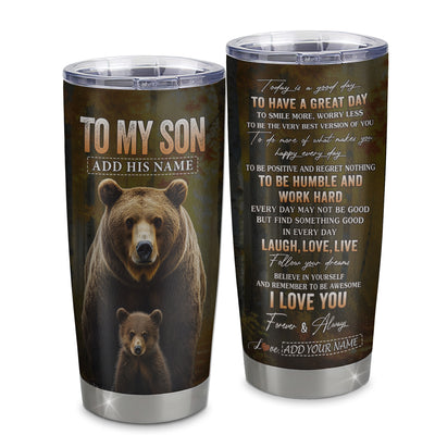 Personalized To My Son Bear Tumbler From Mom Dad Mother Every Day Laugh Love Live Son Birthday Gifts Graduation Christmas Custom Stainless Steel Travel Mug | teecentury