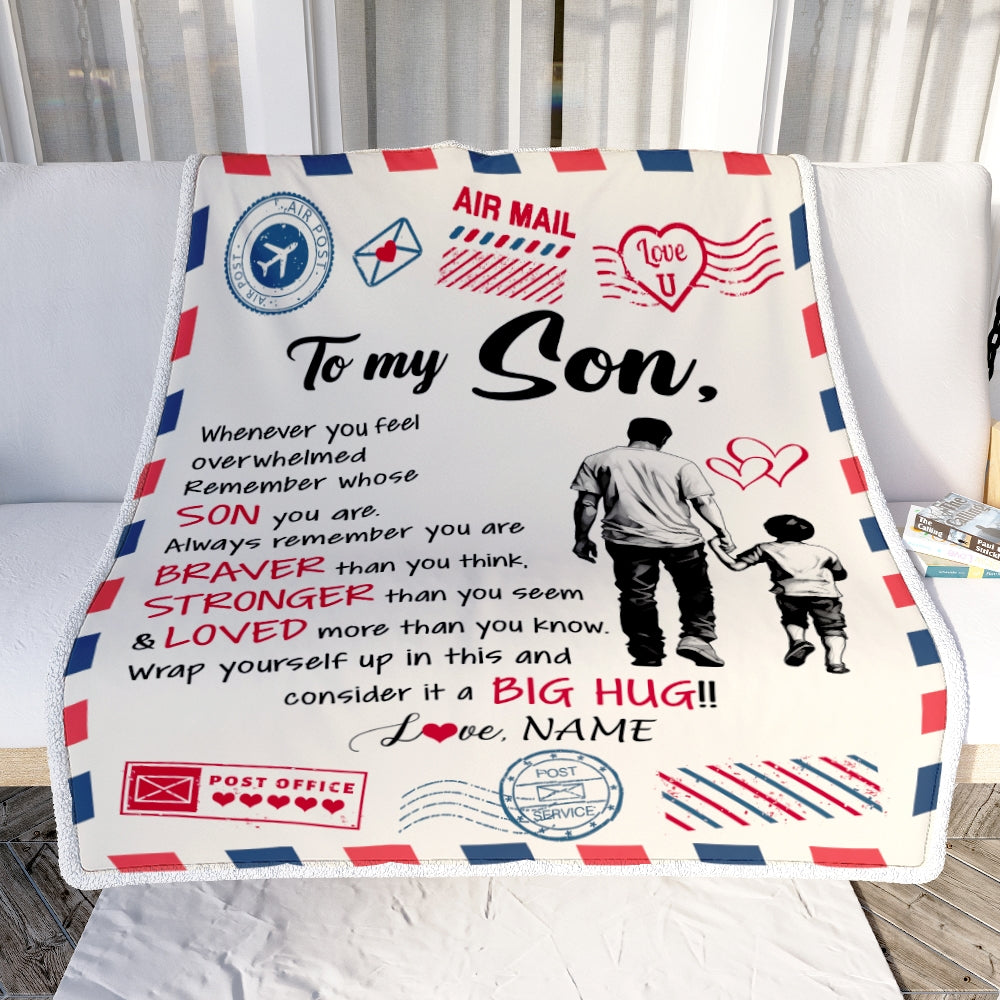 Personalized To My Son Blanket From Dad Father Braver Stronger Loved Airmail Son Birthday Graduation Christmas Customized Fleece Throw Blanket | teecentury
