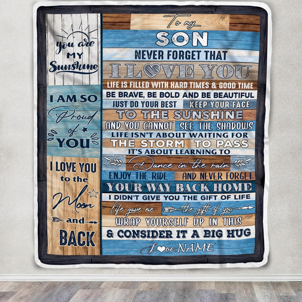Personalized To My Son Blanket From Mom And Dad Never Forget That I Love You Wood Son Birthday Thanksgiving Christmas Customized Fleece Throw Blanket Blanket | Teecentury.com