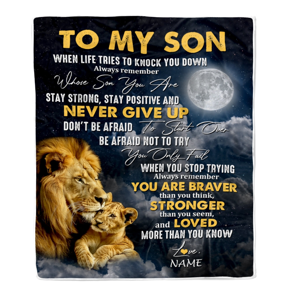 Personalized To My Son Blanket From Mom Dad Father Lion Never Give Up Son Birthday Graduation Christmas Customized Fleece Throw Blanket | teecentury