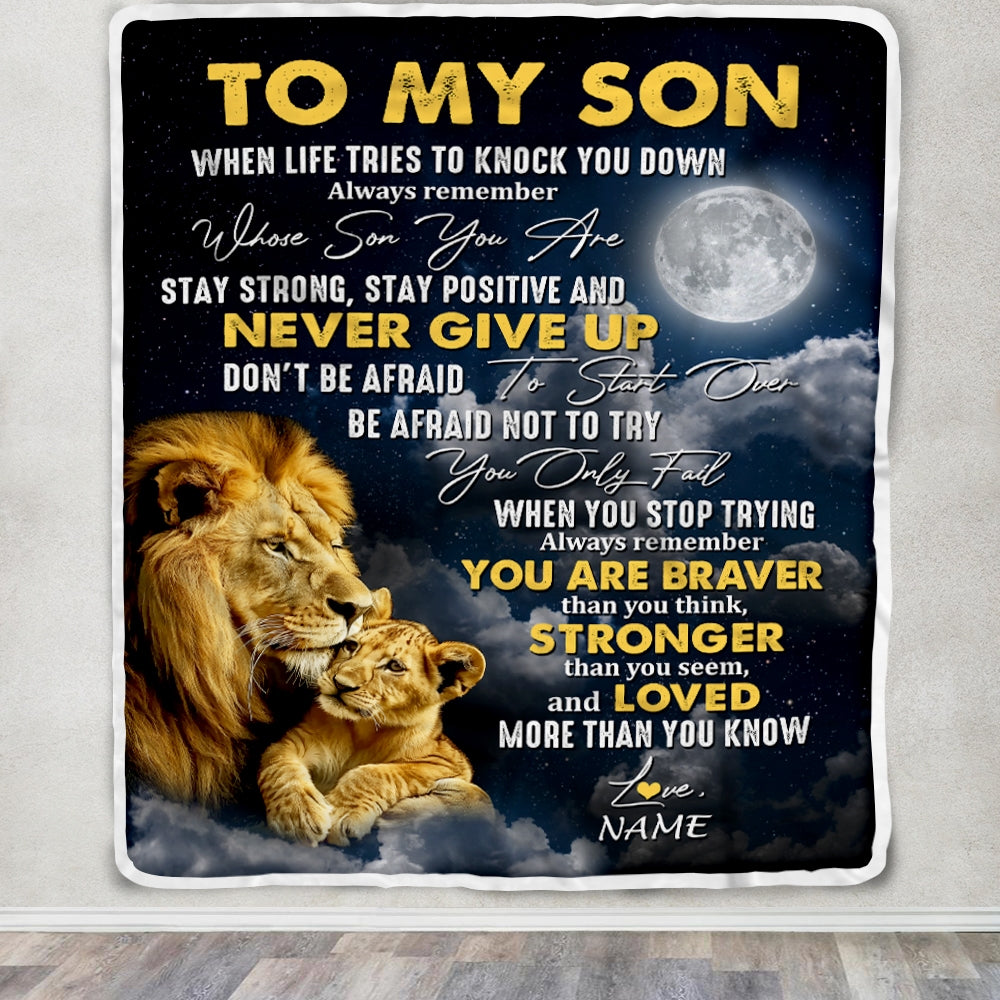 Personalized To My Son Blanket From Mom Dad Father Lion Never Give Up Son Birthday Graduation Christmas Customized Fleece Throw Blanket | teecentury