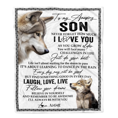 Personalized To My Son Blanket From Mom Dad Just Do You Best Laugh Love Live Wolf Son Birthday Graduation Christmas Customized Bed Fleece Throw Blanket | teecentury