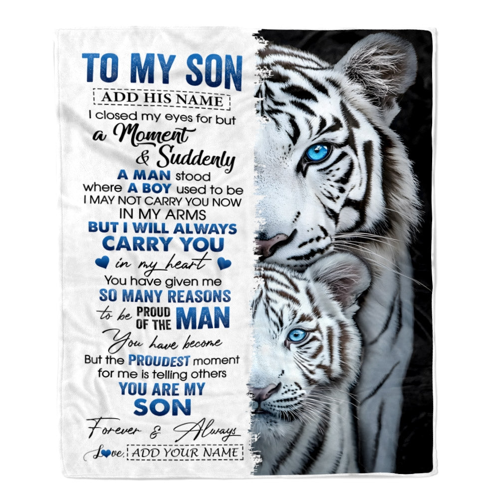 Personalized To My Son Blanket From Mom Dad Mother Father I Close My Eyes White Tiger Son Birthday Gifts Graduation Christmas Custom Fleece Throw Blanket | teecentury