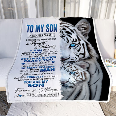 Personalized To My Son Blanket From Mom Dad Mother Father I Close My Eyes White Tiger Son Birthday Gifts Graduation Christmas Custom Fleece Throw Blanket | teecentury