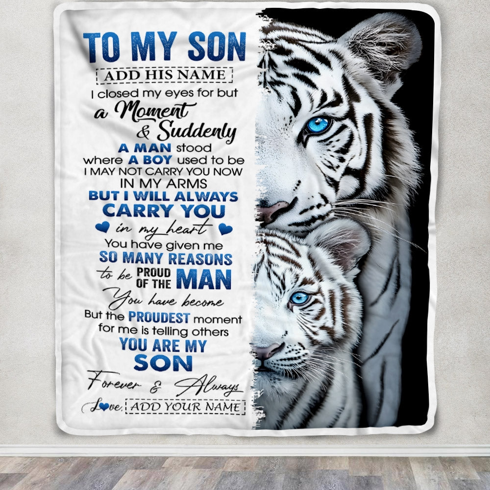 Personalized To My Son Blanket From Mom Dad Mother Father I Close My Eyes White Tiger Son Birthday Gifts Graduation Christmas Custom Fleece Throw Blanket | teecentury