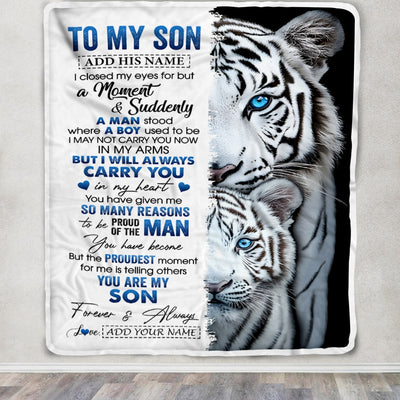 Personalized To My Son Blanket From Mom Dad Mother Father I Close My Eyes White Tiger Son Birthday Gifts Graduation Christmas Custom Fleece Throw Blanket | teecentury