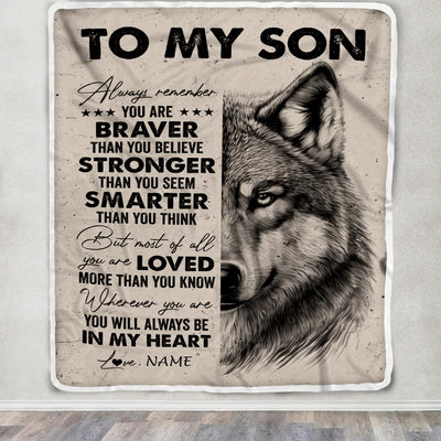 Personalized To My Son Blanket From Mom Dad Mother Father Wolf Braver Stronger Smarter Son Birthday Graduation Christmas Customized Bed Fleece Blanket | teecentury